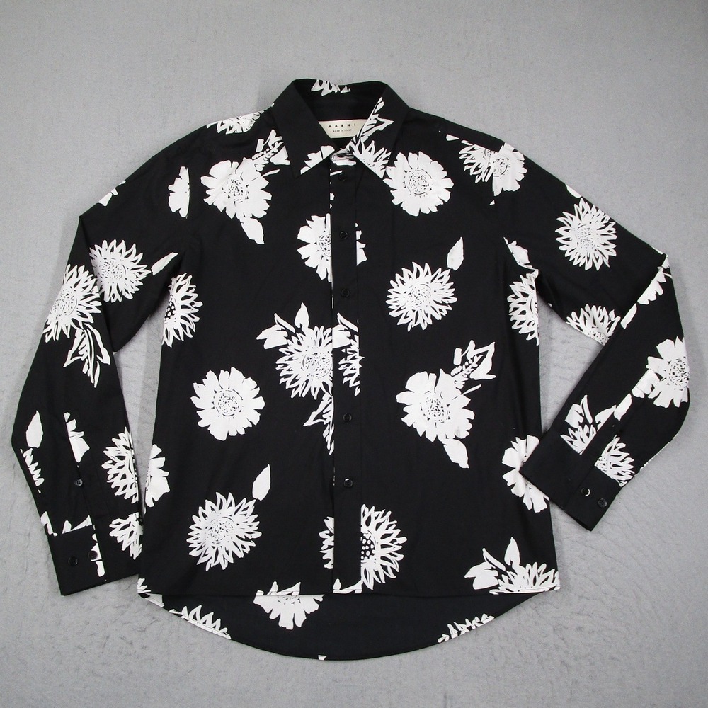 Marni Mens Sunflower Floral Print Button Down Shirt Black White Size 48 IT M